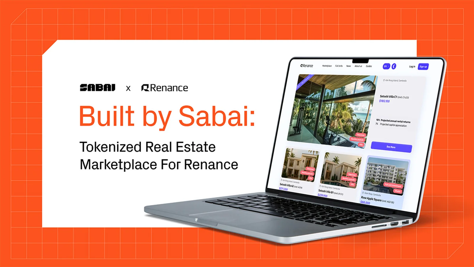 Sabai Protocol and Renance visual with the text “Built by Sabai: Tokenized Real Estate Marketplace for Renance,” showing the platform interface on a laptop.