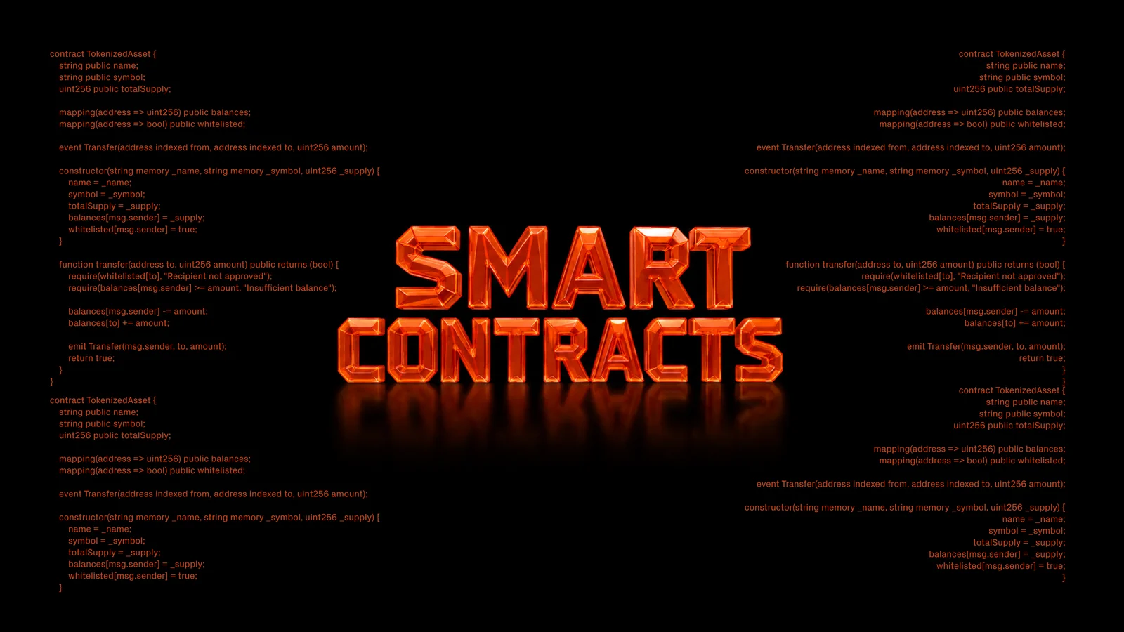 Sabai Protocol banner with glowing 3D “Smart Contracts” text on a black background, surrounded by smart contract code, illustrating blockchain smart contracts explained for real asset tokenization.