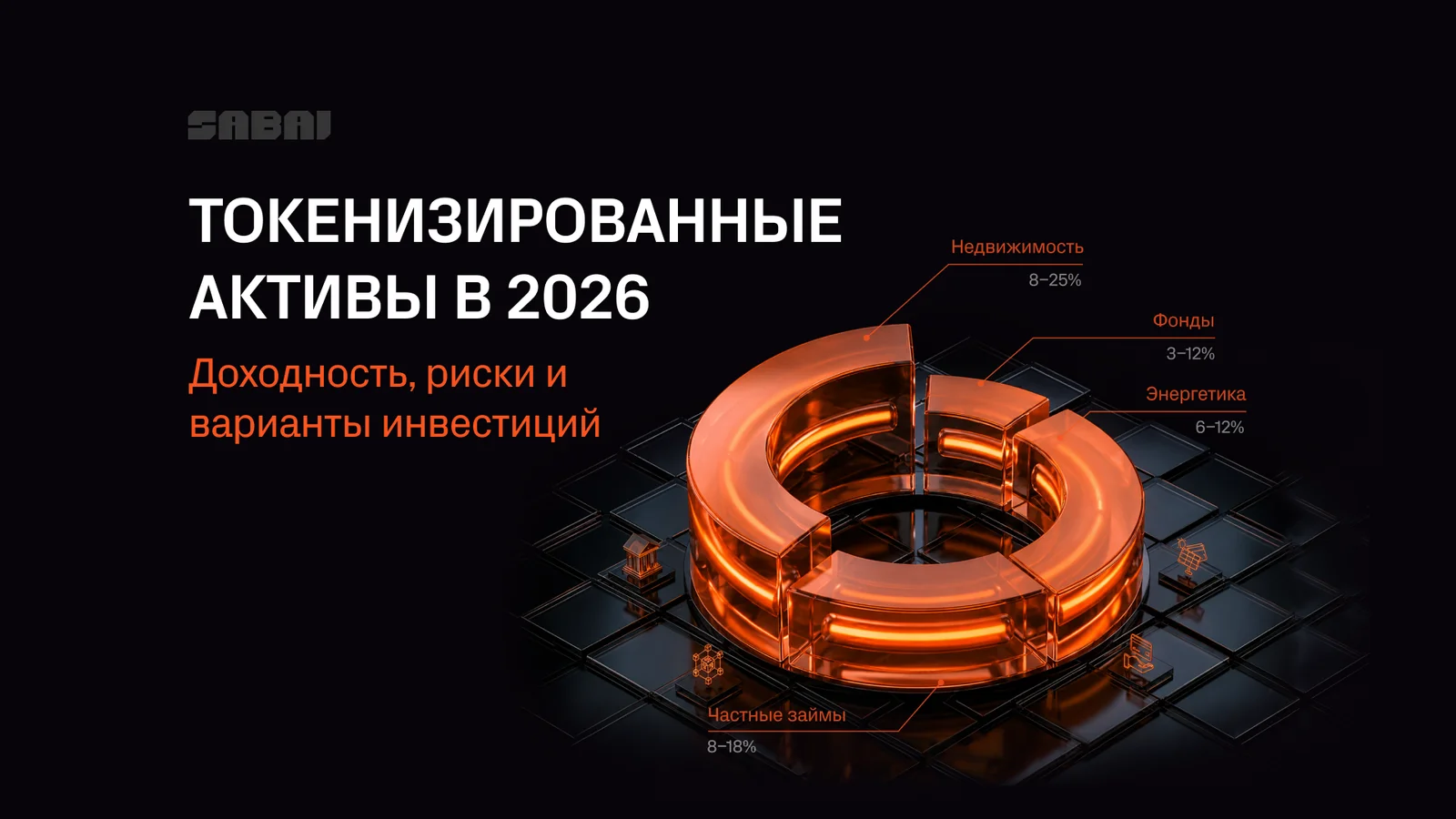 Токенизированные активы в 2026: доходность, риски и варианты инвестиций. На изображении показана 3D-диаграмма с категориями активов: недвижимость, фонды, энергетика и частные займы.