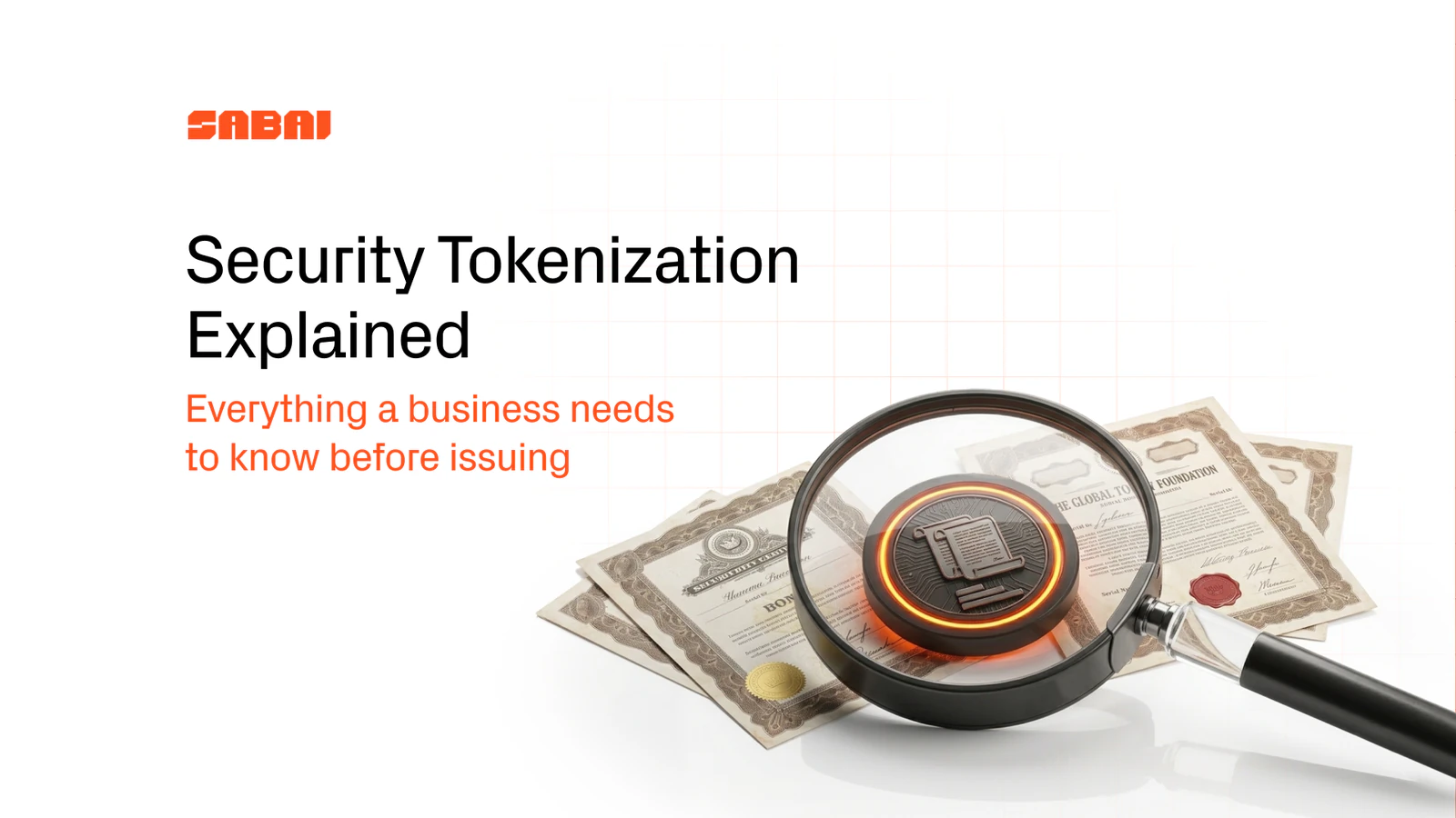 Banner with the headline “Security Tokenization Explained”: a magnifying glass examines a digital token placed over paper securities